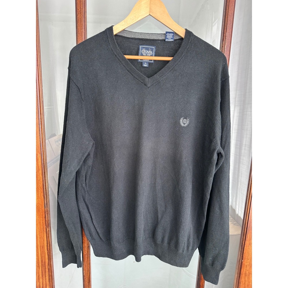 Chaps Mens V-Neck Sweater Black Cotton Cashmere Blend Logo Pullover L Preppy